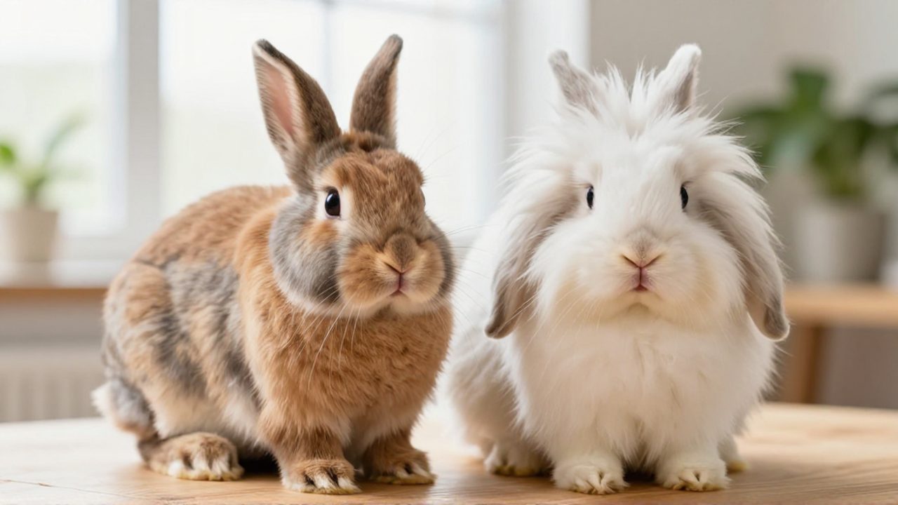 Un conejo enano de pelo corto junto a un conejo angora de pelaje largo y esponjoso sobre una superficie de madera.