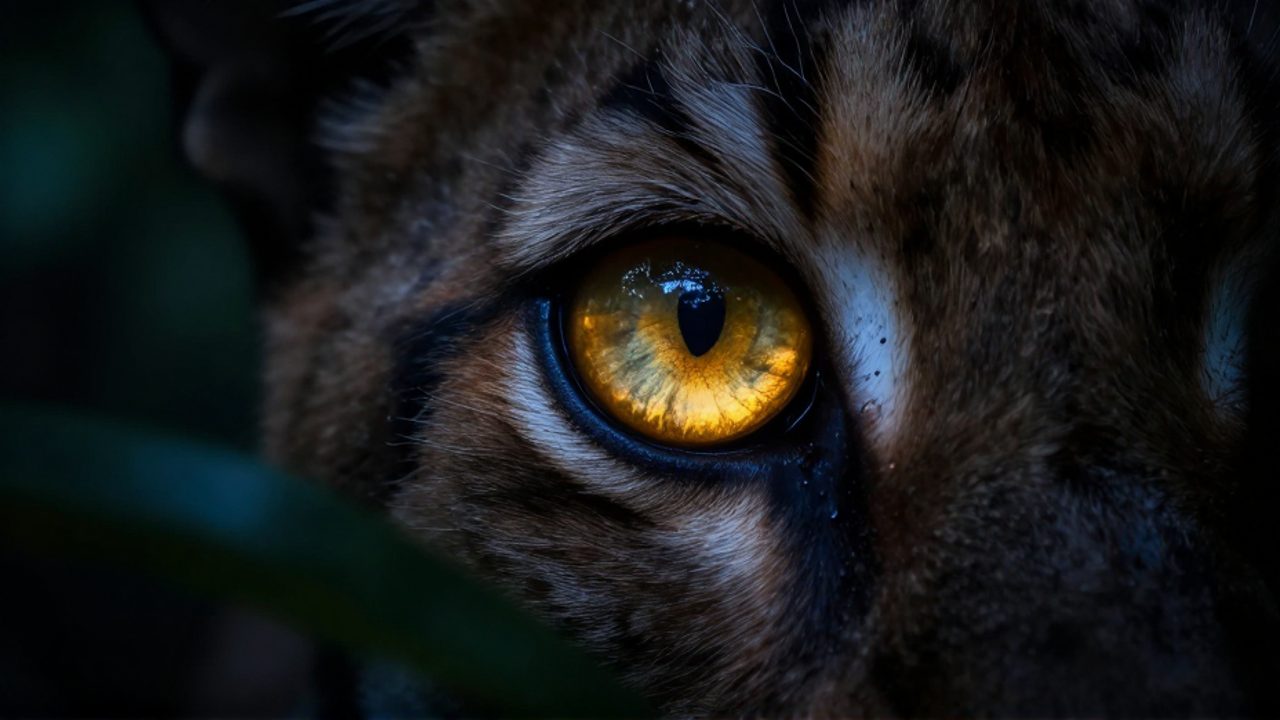 Primer plano del ojo de un felino que brilla con un tono dorado intenso en la oscuridad de la selva.