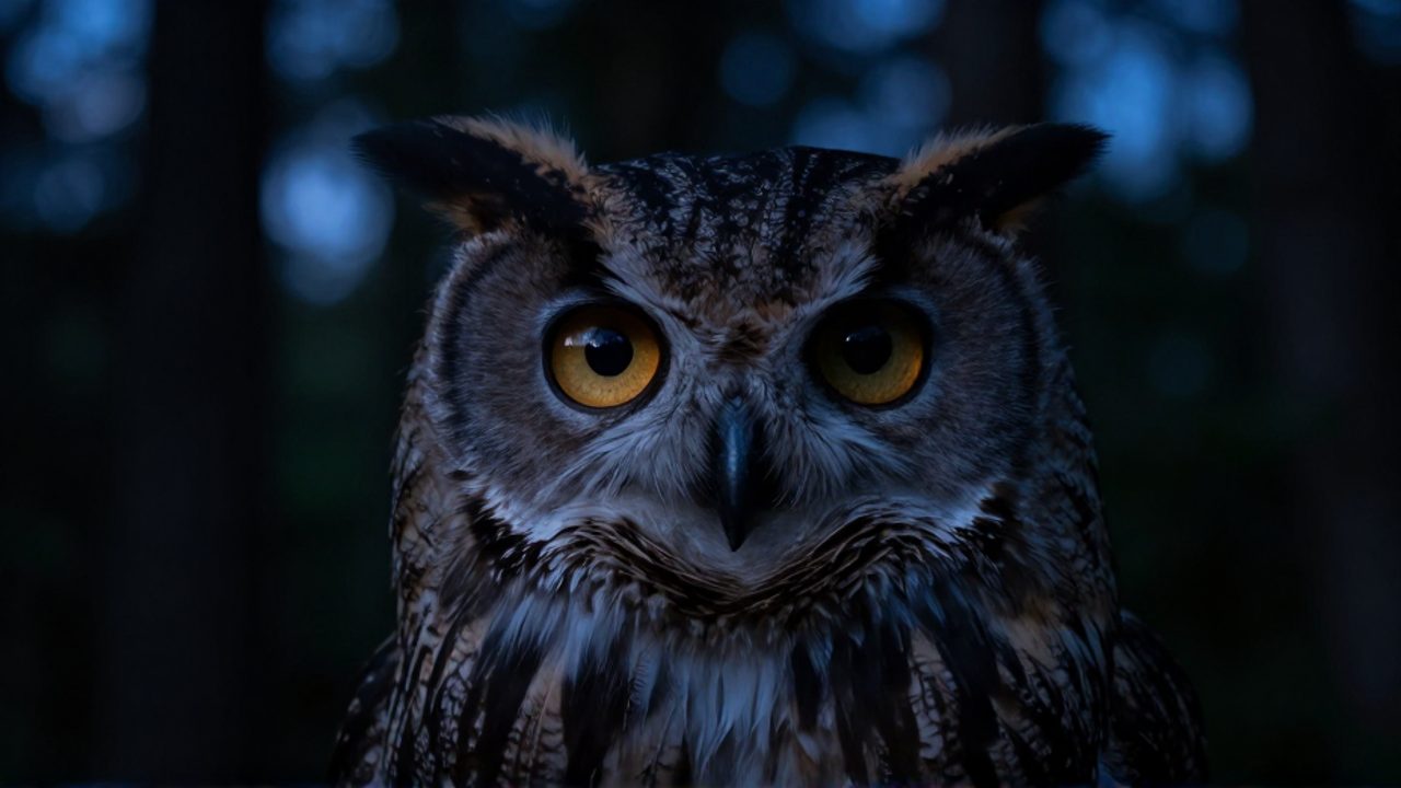 Primer plano del rostro de un animal silvestre emergiendo de las sombras en un bosque oscuro, con sus ojos brillando intensamente bajo la luz de la luna.
