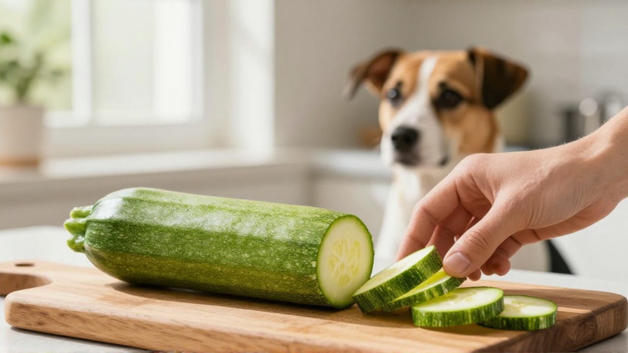 Manos cortando rodajas de calabacín fresco en una cocina, con un perro observando con curiosidad al fondo.