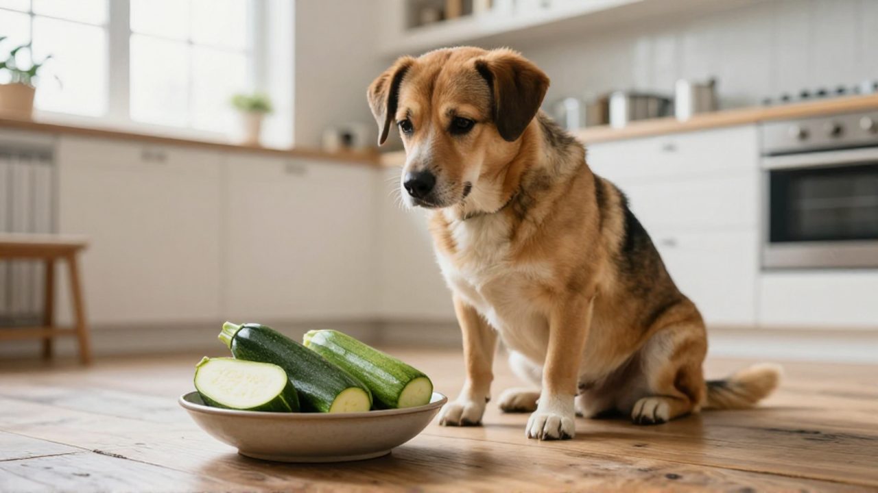 Perro sentado en una cocina mirando con curiosidad un cuenco con trozos de calabacín fresco.