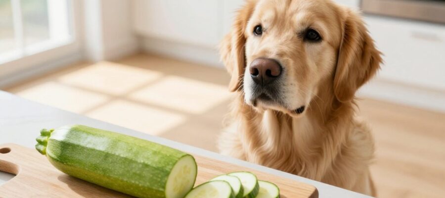 Un perro Golden Retriever mira con expectación trozos de calabacín recién cortados sobre una tabla de madera en una cocina luminosa.