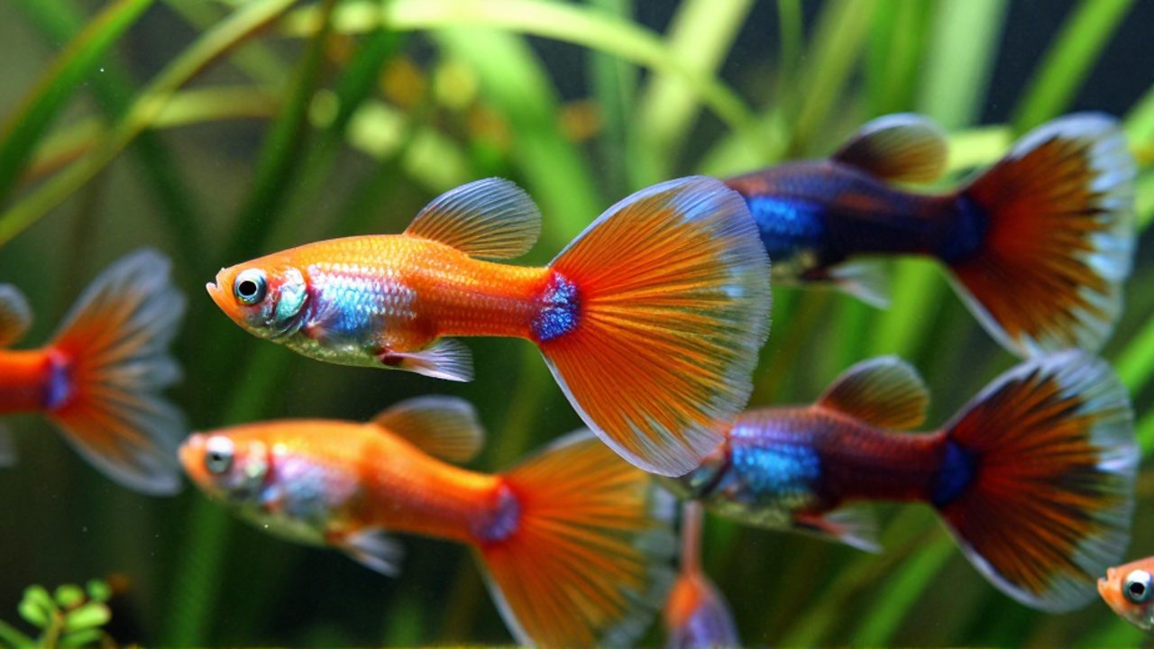 Varios guppies machos de distintos colores nadan en un acuario plantado, destacando la diferencia entre sus colas de tipo abanico y de tipo lira.