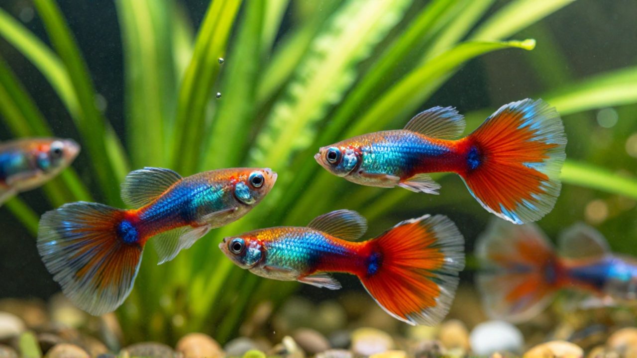 Varios guppies machos de colores brillantes nadan entre plantas acuáticas verdes en un acuario limpio y bien iluminado.