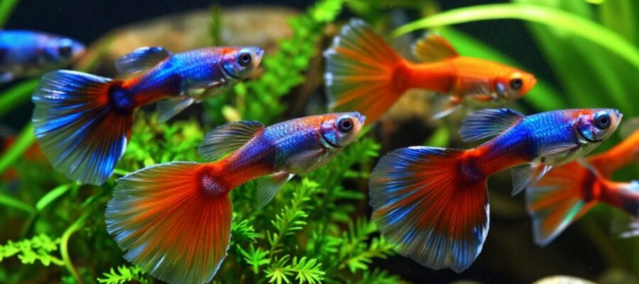 Varios guppys machos de colores azul, naranja y rojo nadan entre plantas verdes en un acuario de agua dulce.
