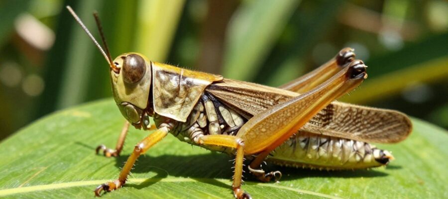 Primer plano de la anatomía de un chapulín sobre una hoja verde, destacando la diferencia entre sus patas delanteras pequeñas y sus grandes patas traseras musculosas.