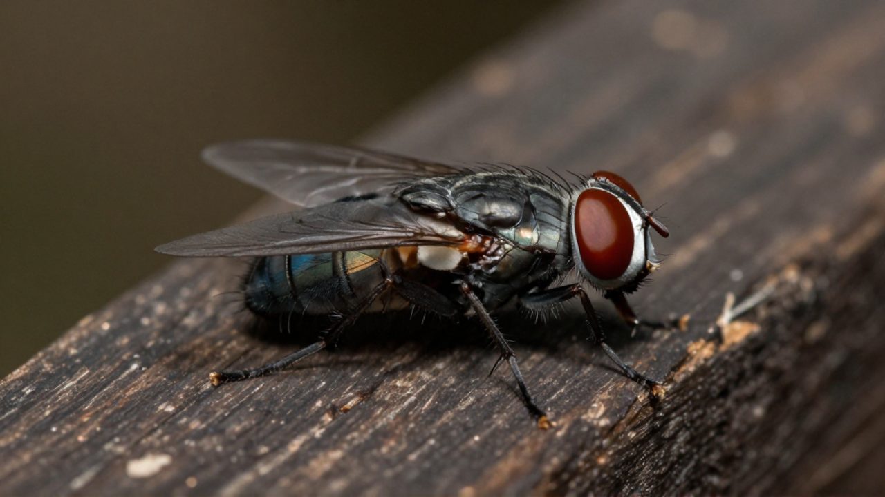 Una mosca posada inmóvil de perfil sobre una viga de madera oscura, mostrando una actitud de reposo.