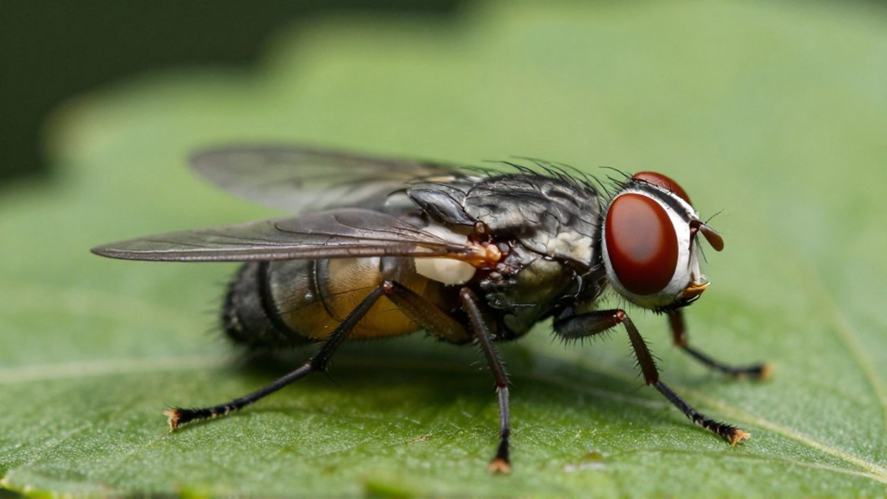 Una mosca doméstica reposa de perfil sobre una hoja verde, mostrando una postura relajada de sus patas y antenas.