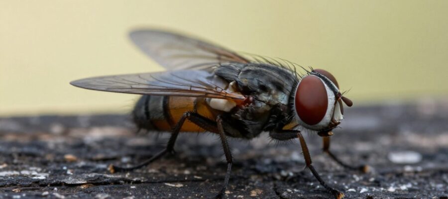Una mosca doméstica posada en reposo sobre una superficie de madera oscura con las patas relajadas.