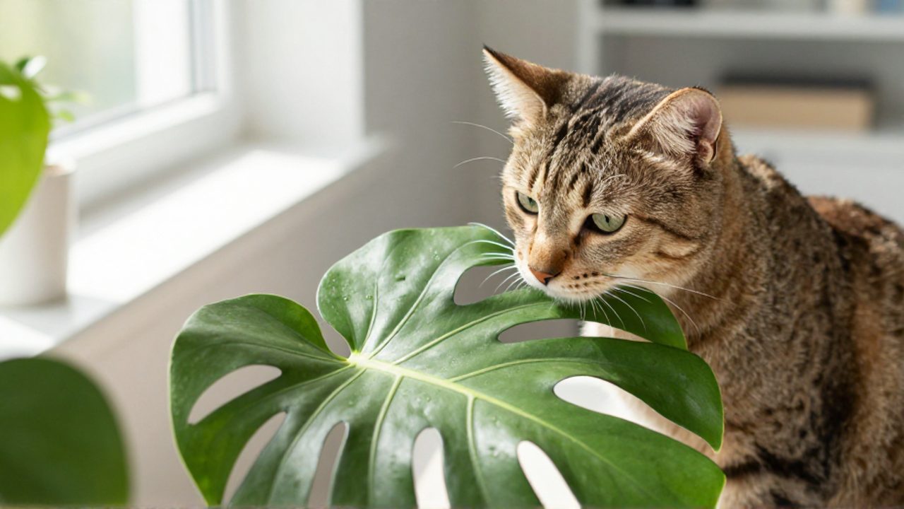 Un gato doméstico olfatea con curiosidad una hoja de Monstera deliciosa en una sala iluminada por el sol.