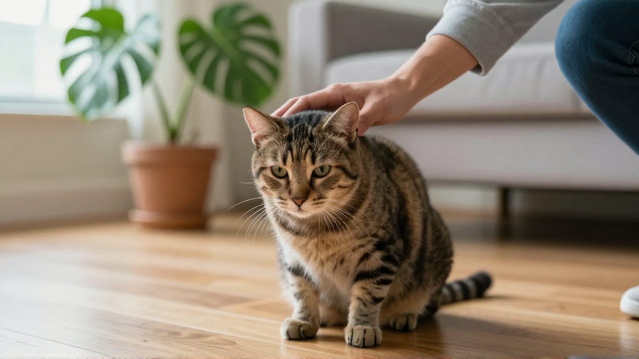 Persona acariciando a un gato con aspecto inquieto en una sala de estar junto a una planta Monstera.