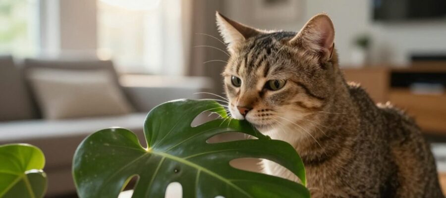 Un gato doméstico olfatea de cerca una hoja de Monstera deliciosa en una sala iluminada por el sol.