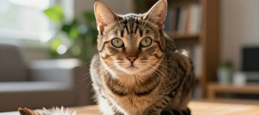 Gato atigrado sentado con mirada atenta y curiosa sobre una superficie de madera en una sala iluminada por el sol.