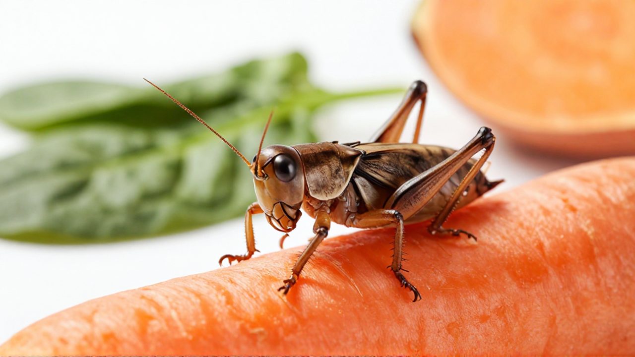 Un grillo se alimenta de un trozo de zanahoria fresca sobre un fondo de vegetales variados.