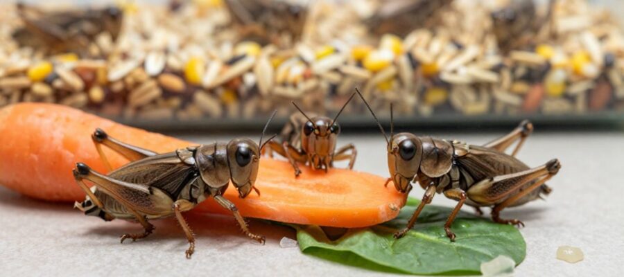 Grillos alimentándose de rodajas de zanahoria y hojas de espinaca fresca sobre un sustrato de granos orgánicos.