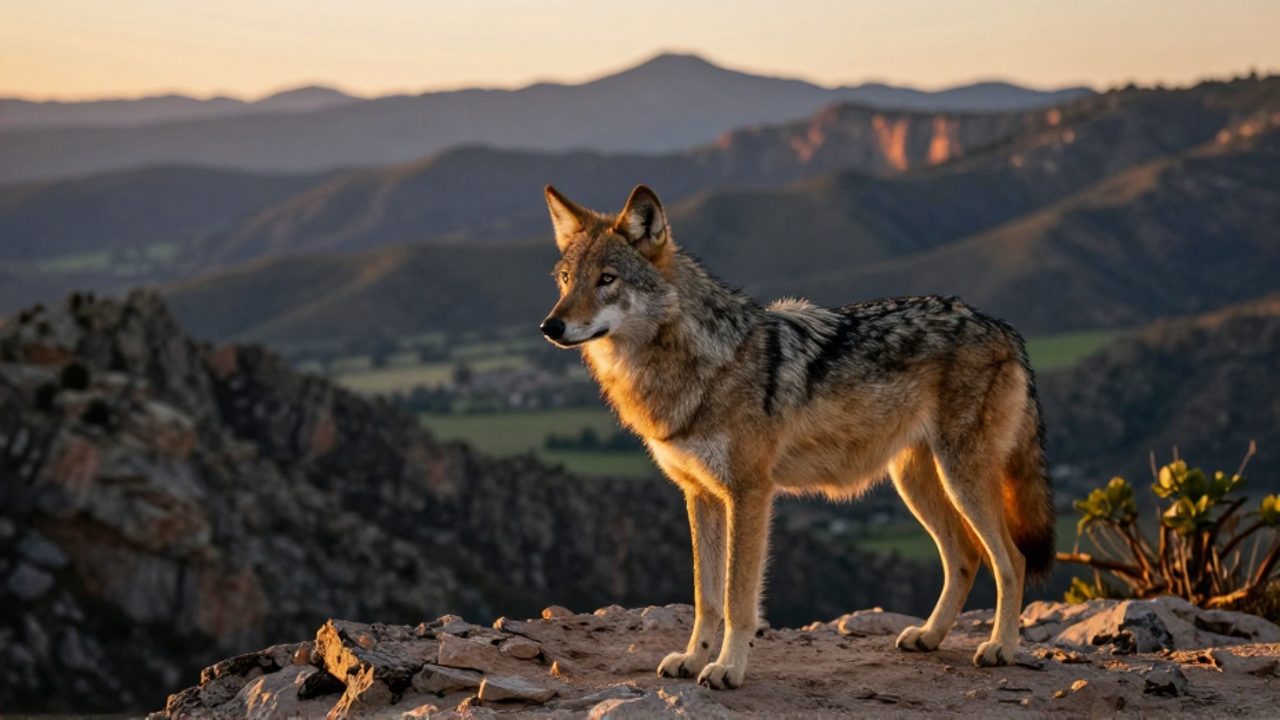 Lobo mexicano de perfil sobre un risco de la Sierra Madre Occidental con un paisaje de cañones al atardecer de fondo.