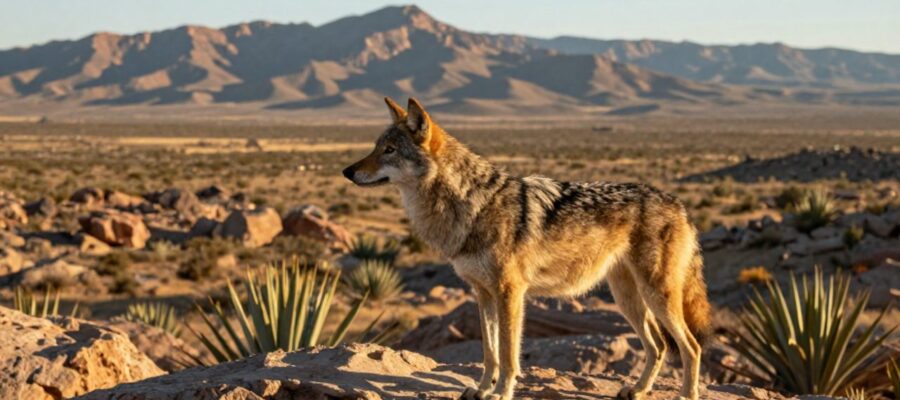 Lobo mexicano de perfil sobre una formación rocosa frente a un paisaje de cañones y montañas de la Sierra Madre Occidental.