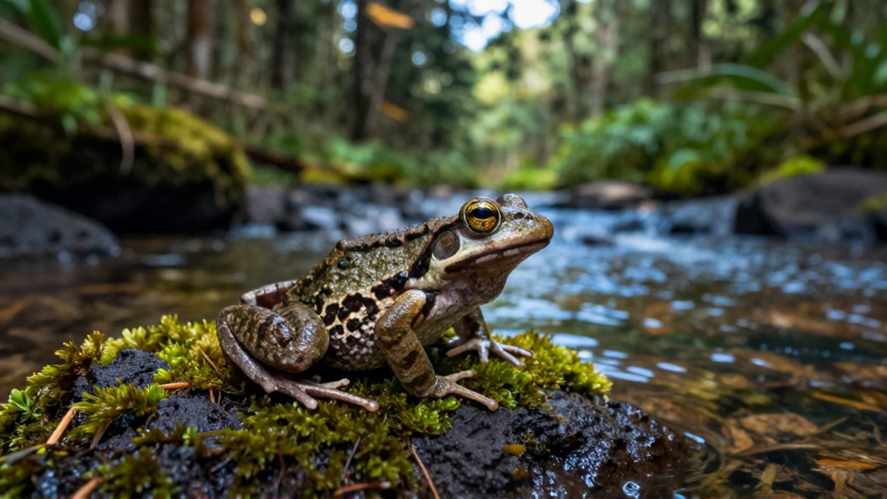 Rana de las tierras altas de Puebla sobre una roca con musgo junto a un arroyo en un bosque de pino-encino.