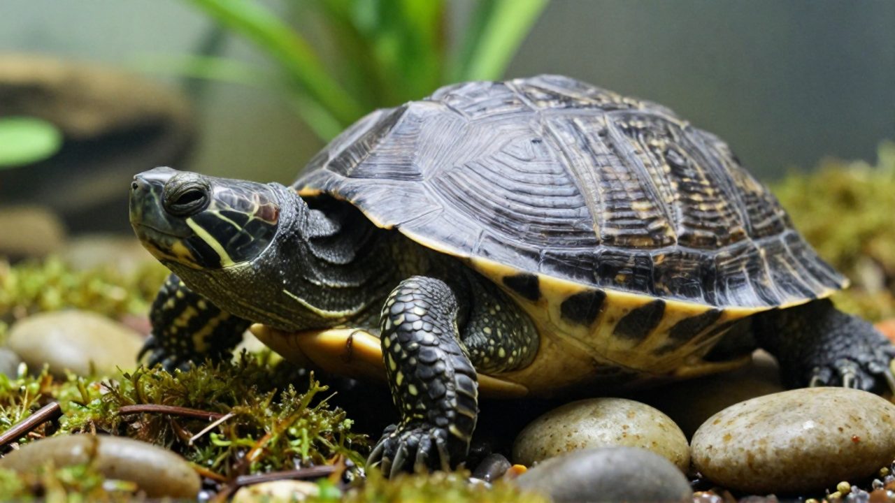 Tortuga descansando con los ojos cerrados sobre musgo y piedras en un entorno natural de terrario.