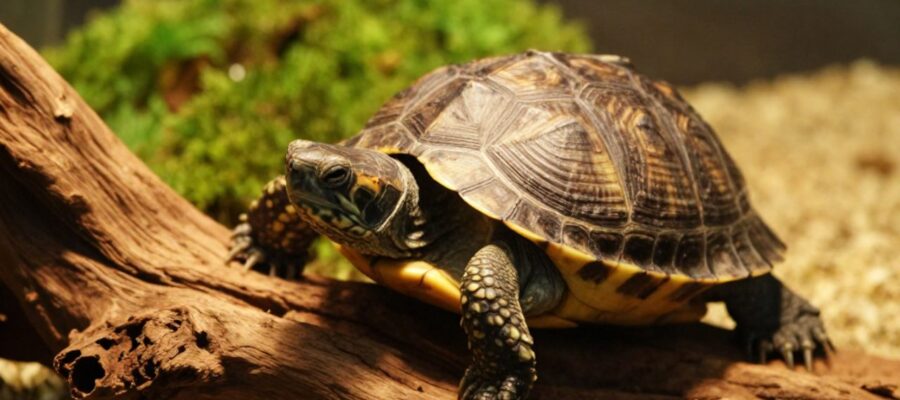 Tortuga pequeña con los ojos cerrados descansando sobre un tronco de madera en su terrario.
