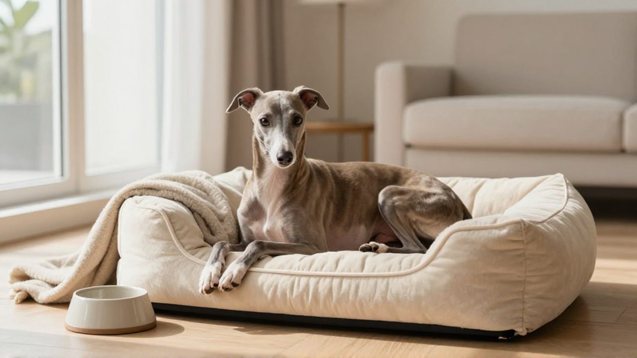 Un galgo español descansa relajado sobre una cama ortopédica en una sala de estar luminosa y acogedora.