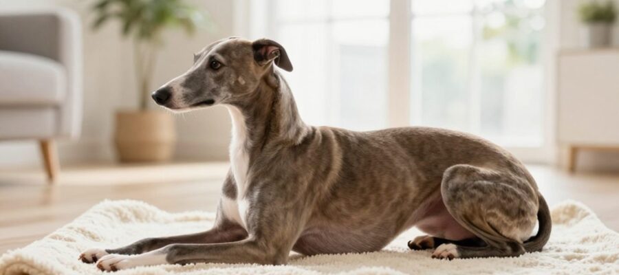 Un galgo español descansa de perfil sobre una manta clara en una sala de estar iluminada y acogedora.