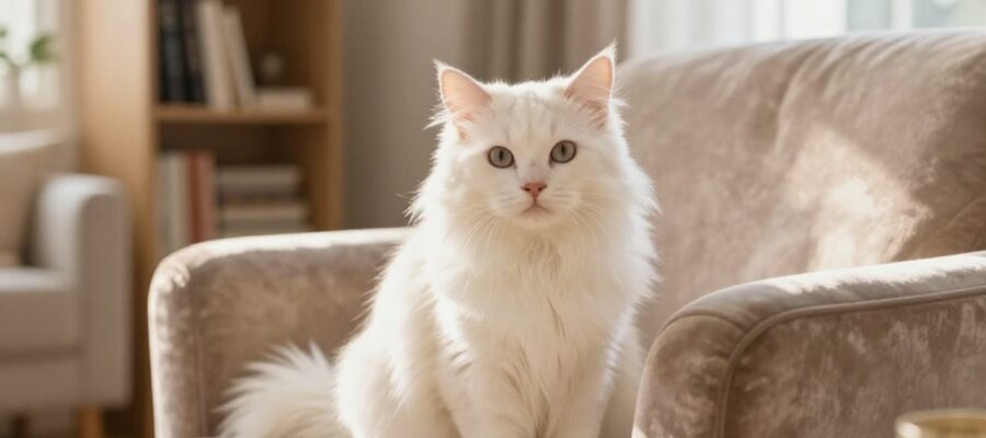 Gata blanca de pelo largo sentada elegantemente en un sillón de terciopelo en una sala iluminada por el sol.