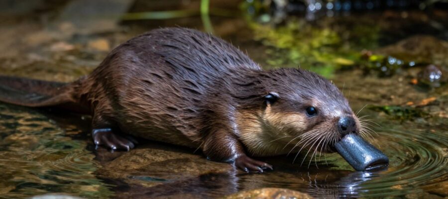 Un ornitorrinco con pico de pato asoma la cabeza parcialmente sumergido en un arroyo de agua cristalina entre piedras y musgo.
