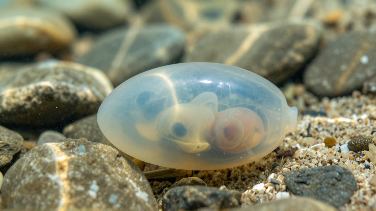 Embrión de un animal en desarrollo dentro de un saco de huevo traslúcido sobre un lecho de piedras y arena acuática.