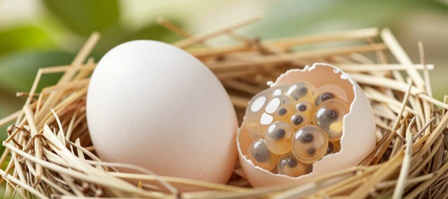 Un huevo de ave en un nido de paja junto a una masa de huevos de anfibio con embriones visibles en desarrollo.