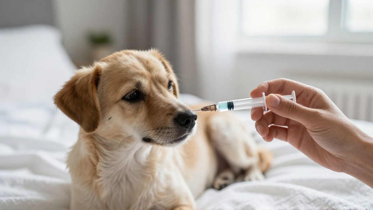 Una persona suministra una solución de rehidratación oral a un perro pequeño y decaído con una jeringa en un entorno doméstico.