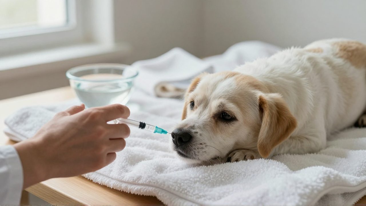 Una mano administra una solución de rehidratación oral a un perro pequeño y debilitado que descansa sobre una manta blanca.