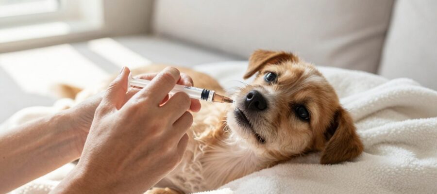 Una persona administra suero oral con una jeringa a un perro pequeño que descansa sobre una manta blanca.