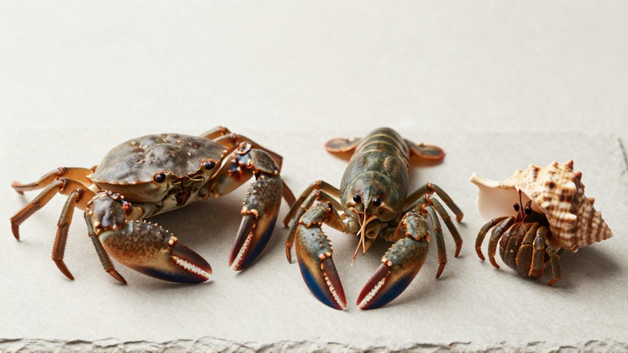 Tres crustáceos diferentes, un cangrejo de mar, un cangrejo de río y un cangrejo ermitaño en una concha, dispuestos sobre una superficie neutra para su comparación.