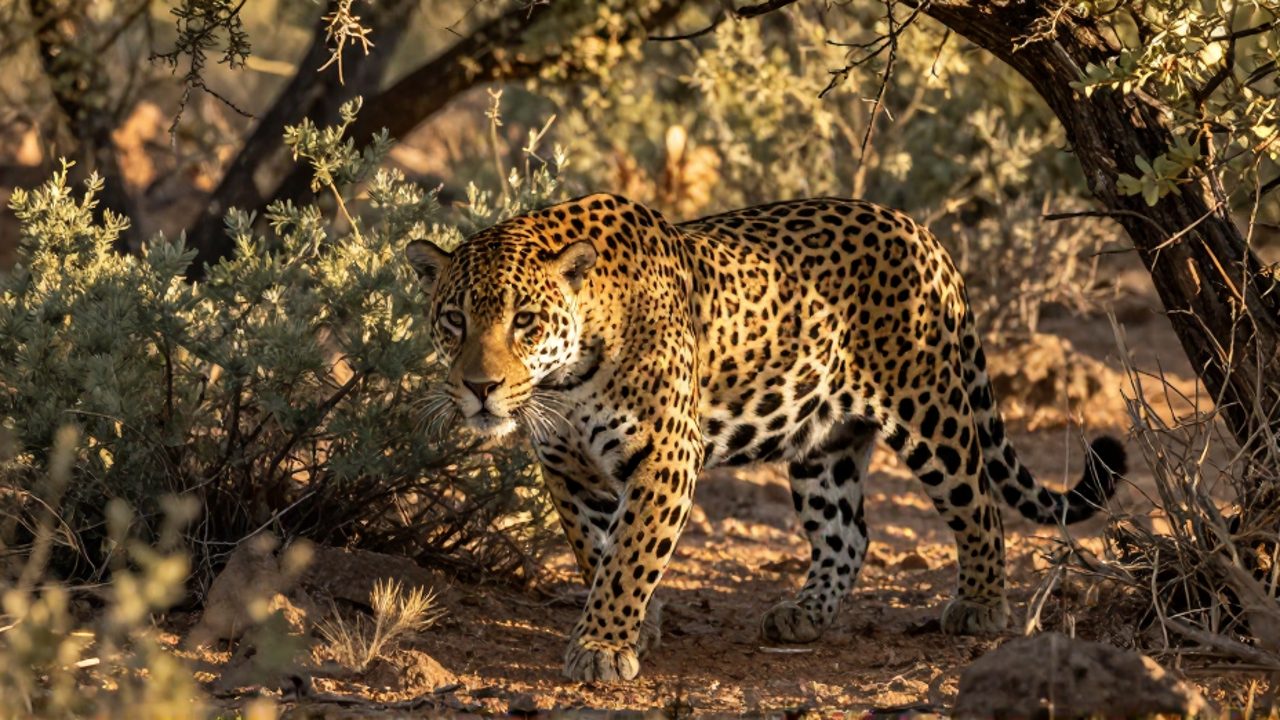 Un jaguar camina sigilosamente entre la vegetación densa y soleada de la sierra de Sonora.