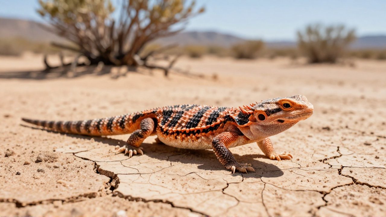 Un monstruo de Gila con escamas naranjas y negras se desplaza sobre el suelo agrietado del desierto de Sonora.