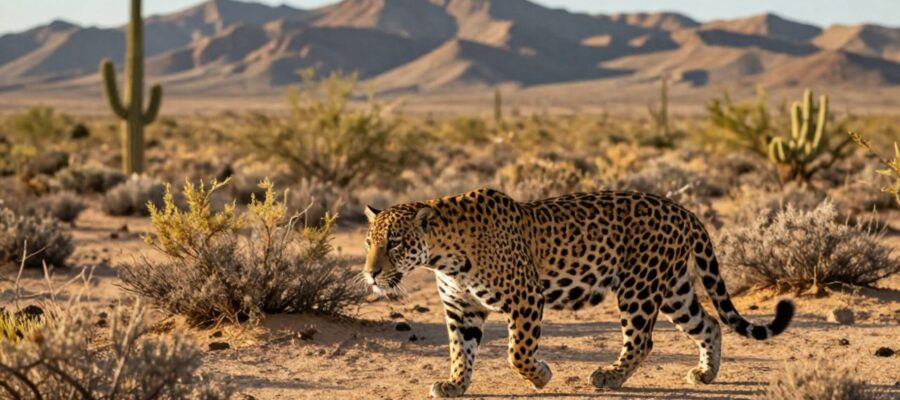Un jaguar camina sigilosamente entre la vegetación y los cactus de un desierto sonorense bajo la luz del atardecer.