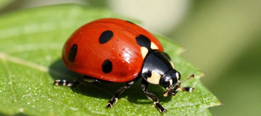 Primer plano de una mariquita roja con manchas negras caminando sobre el borde de una hoja verde, mostrando sus seis patas articuladas.