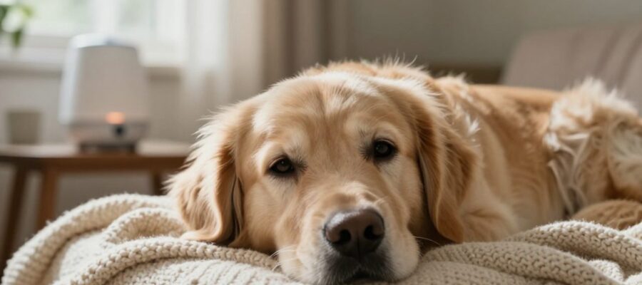 Perro Golden Retriever descansando con expresión tranquila sobre una manta en una sala iluminada, con un humidificador emitiendo vapor al fondo.