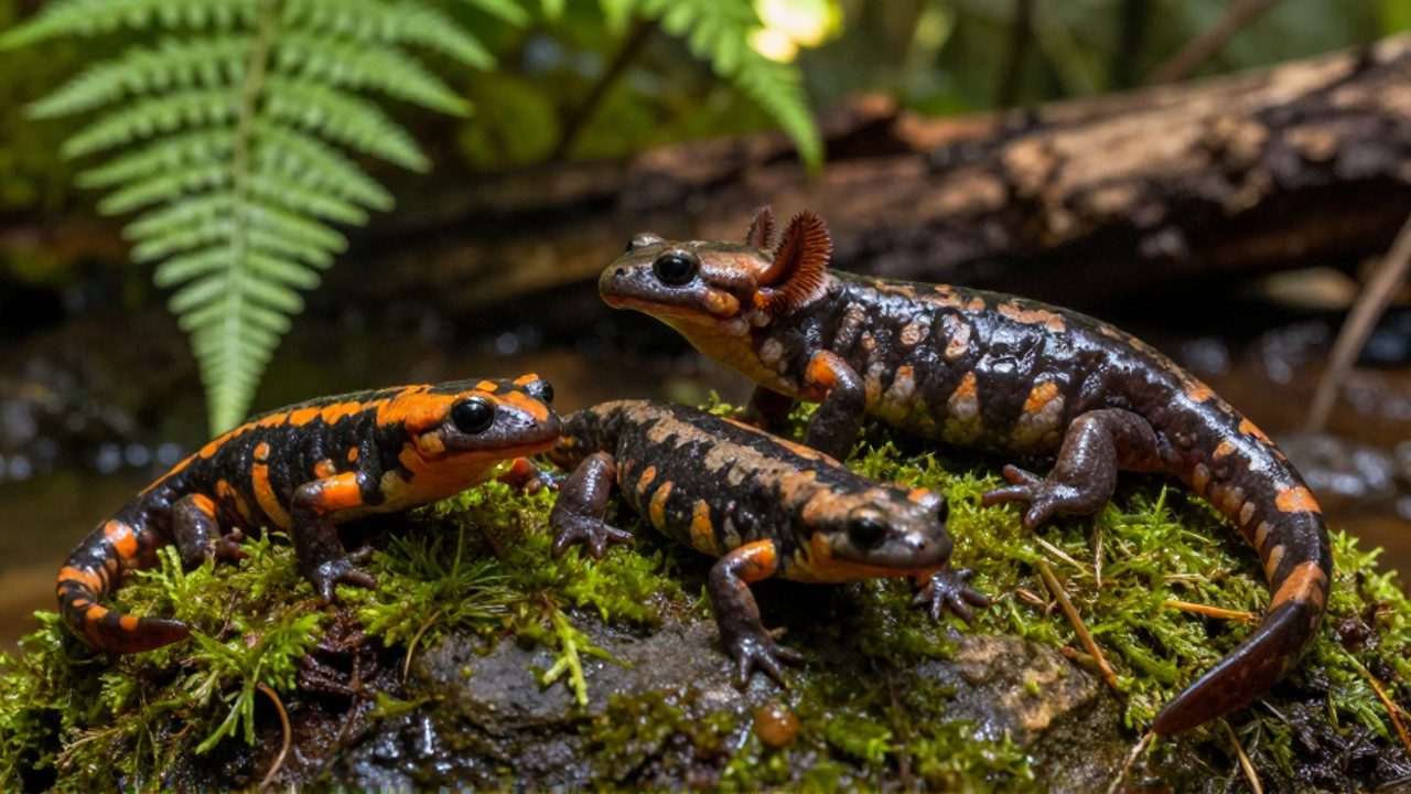 Tres especies de salamandras con distintas texturas de piel y características biológicas sobre una piedra con musgo en un entorno de bosque húmedo.