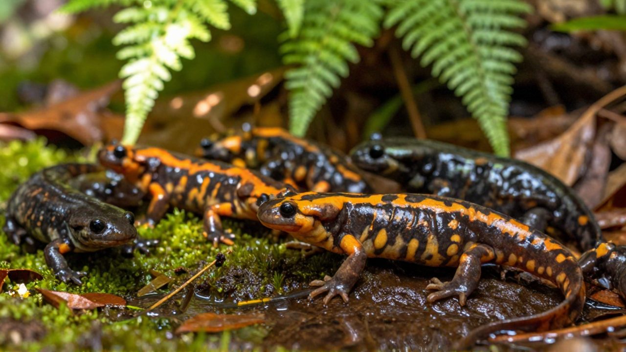 Salamandra de manchas brillantes sobre un suelo de bosque húmedo y cubierto de musgo junto a un pequeño charco.