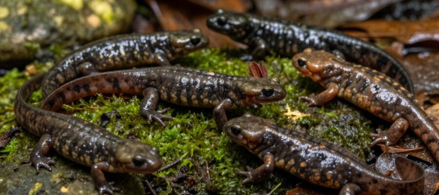 Diversas especies de salamandras con distintos tipos de piel y morfologías sobre un lecho de musgo y hojas húmedas en el suelo de un bosque.