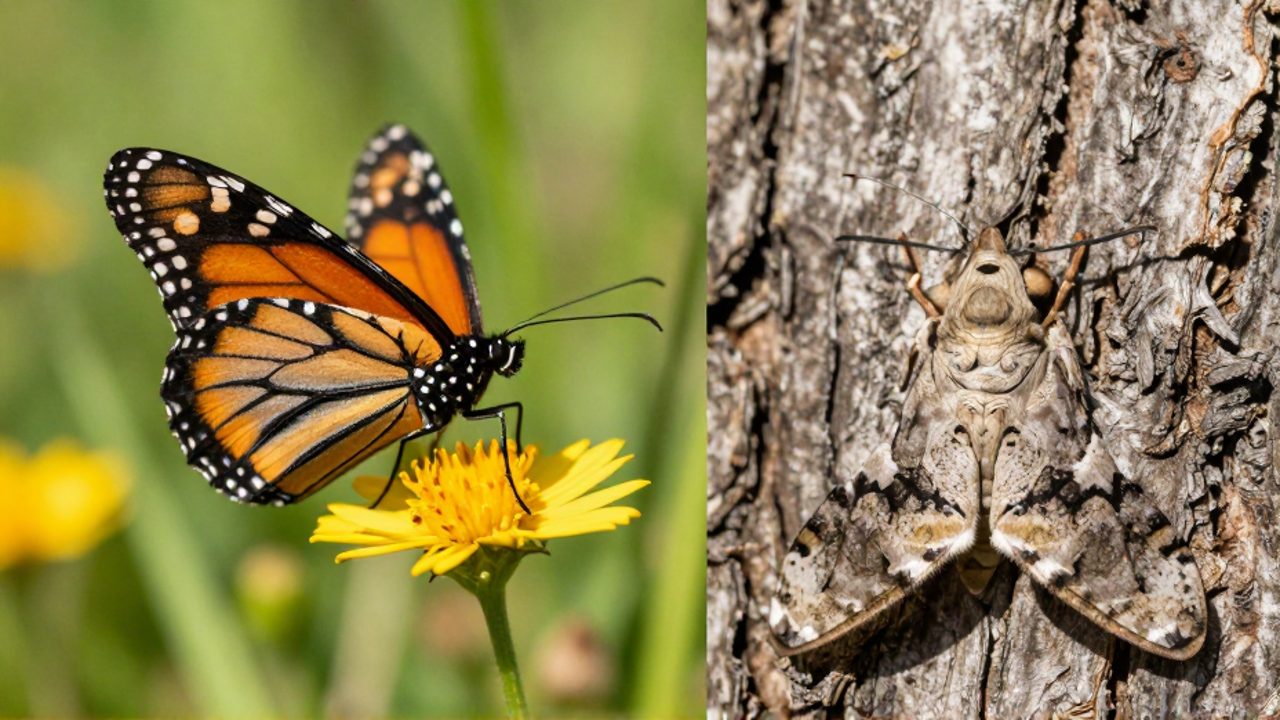Comparación entre una mariposa monarca de colores brillantes sobre una flor y una polilla de tonos tierra con antenas plumosas sobre la corteza de un árbol.