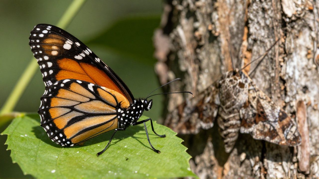 Una mariposa monarca con alas naranjas y negras sobre una hoja verde junto a una polilla de tonos marrones camuflada en la corteza de un árbol.