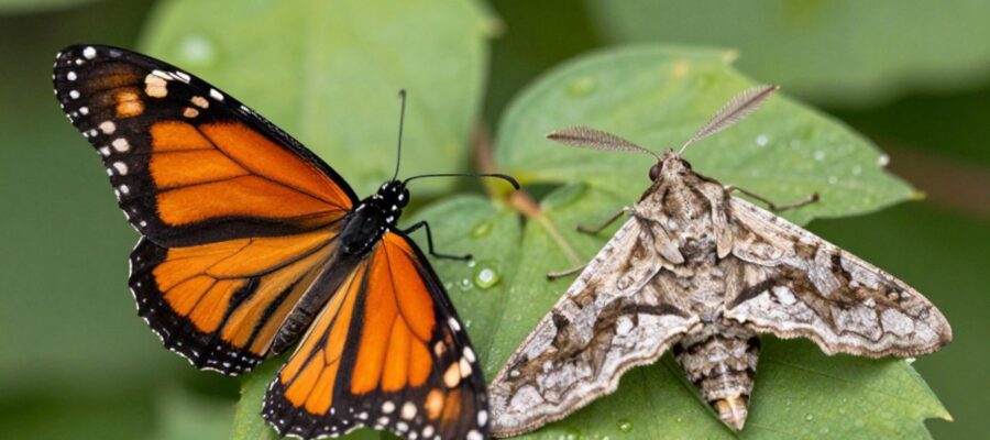 Comparativa entre una mariposa monarca de alas naranjas y negras con una polilla de tonos marrones y antenas plumosas sobre hojas verdes.