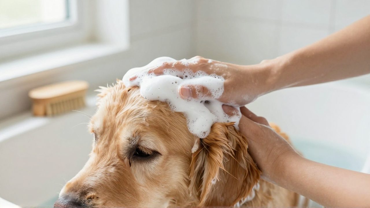 Unas manos masajean champú terapéutico sobre el pelaje de un perro golden retriever durante un baño de cuidado en casa.