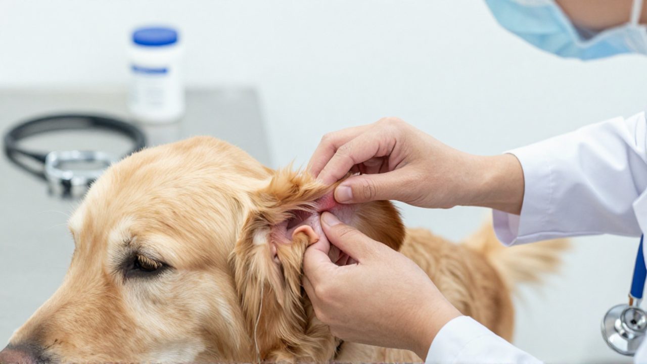 Un veterinario examina con cuidado la piel y la zona de la oreja de un perro Golden Retriever en una clínica.