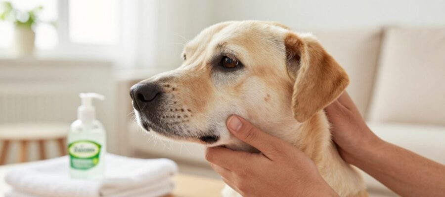 Persona acariciando con cuidado el cuello y la zona del oído de un perro en un ambiente hogareño luminoso.