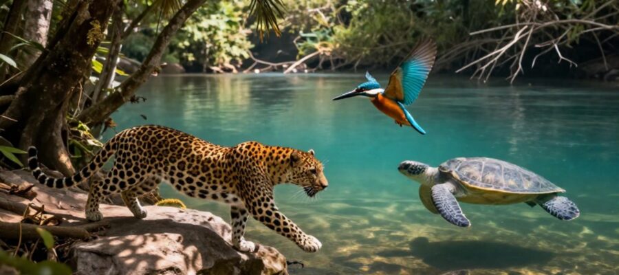 Un leopardo salta entre rocas en un bosque, un martín pescador vuela sobre un río y una tortuga marina nada bajo el agua.