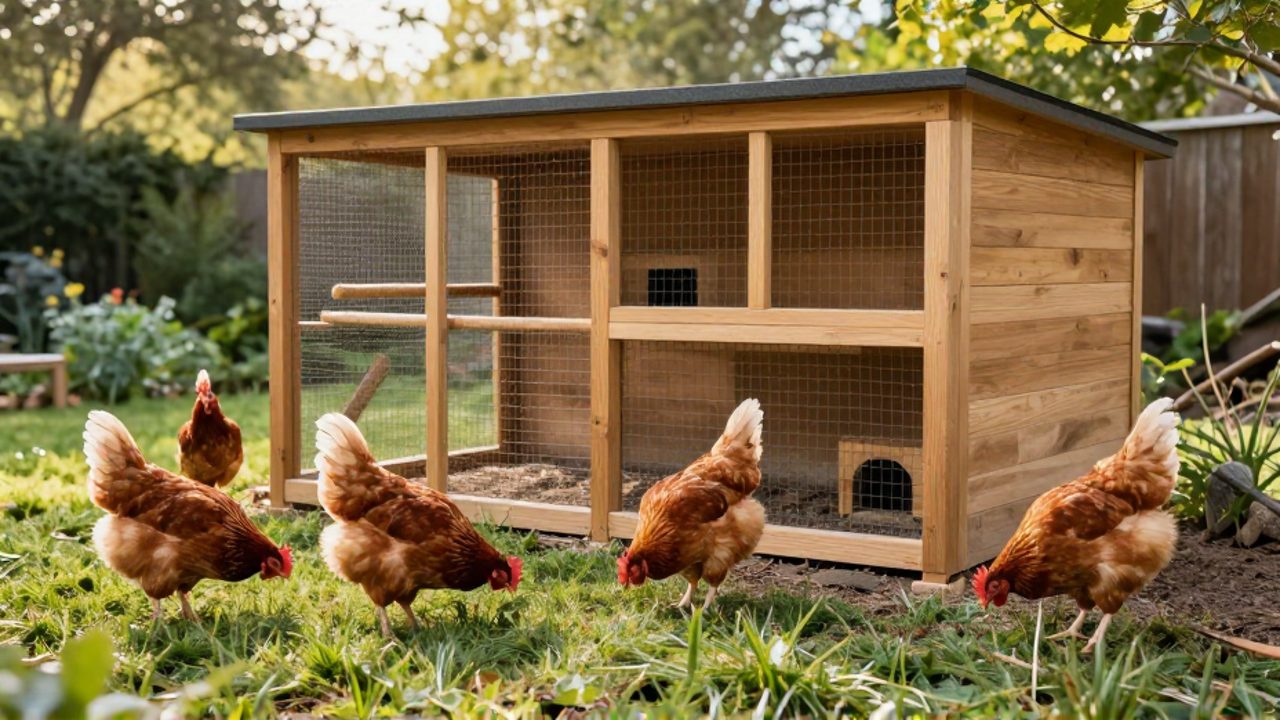 Varias gallinas con plumaje colorido buscan alimento en el césped frente a un gallinero moderno de madera con su zona de corral protegida.